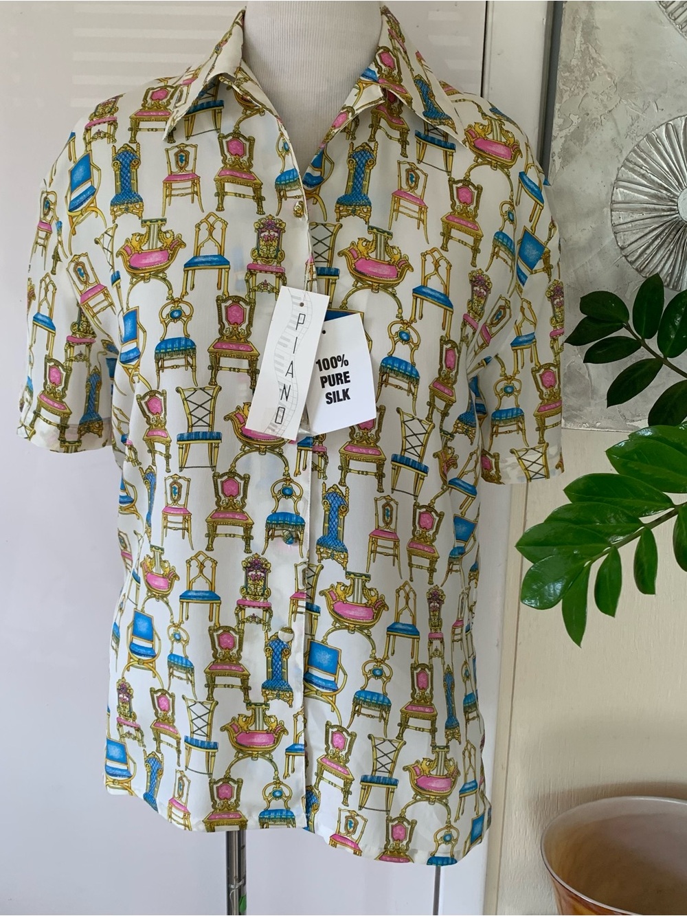 NWT Piano 100% silk printed short sleeve blouse size S